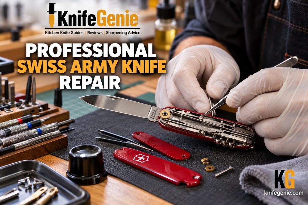 Knife repair technician inspecting Swiss Army Knife components on a precision workbench