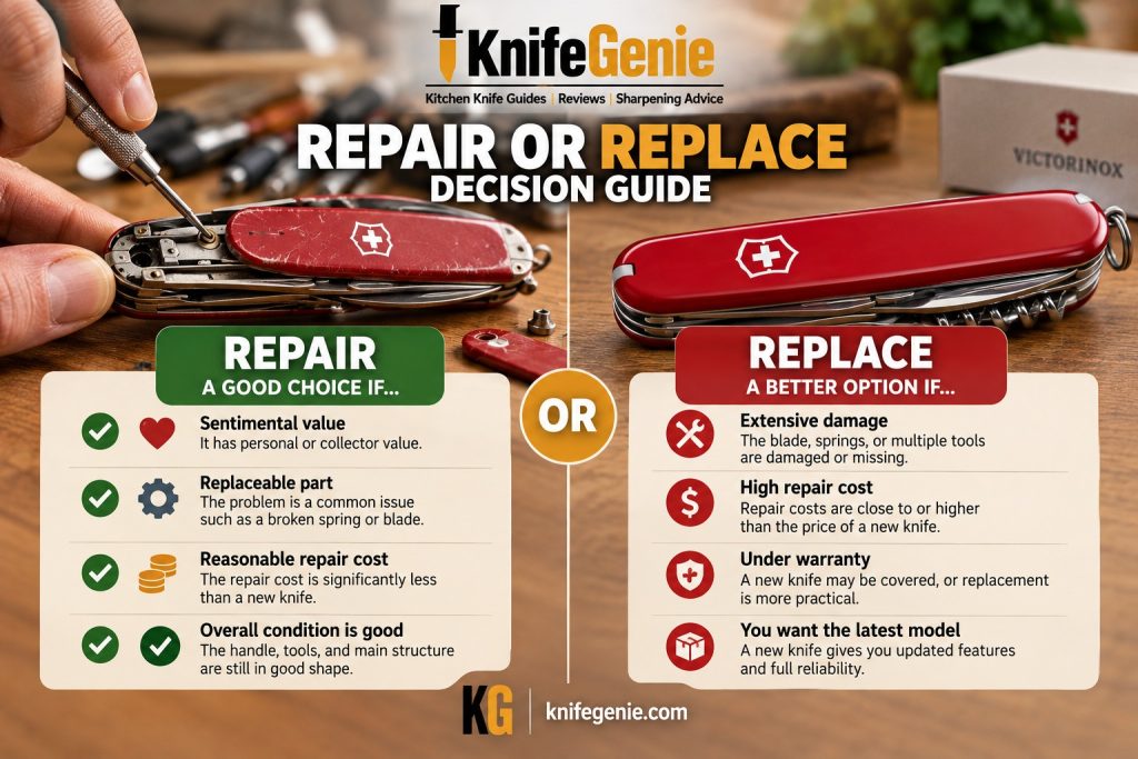 Older Swiss Army Knife compared with a new pocket knife for repair or replacement decisions