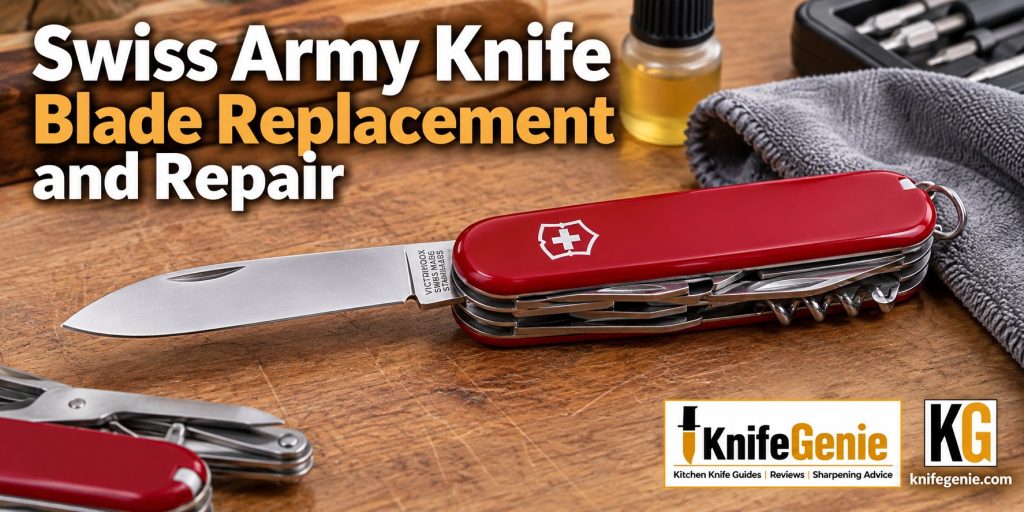Red Swiss Army Knife with its main blade open on a wooden workbench
