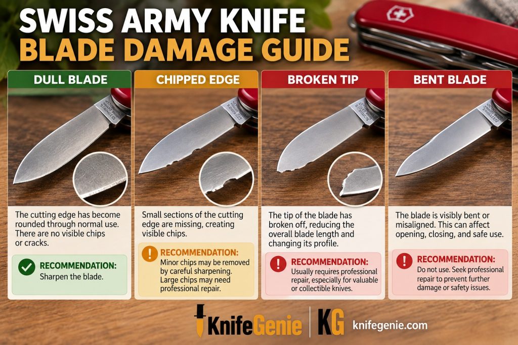 Examples of dull, chipped, broken-tip, and bent pocket knife blades