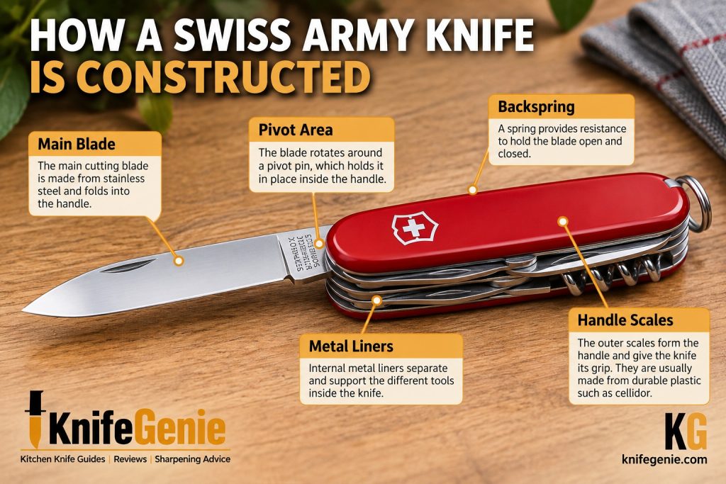 Diagram identifying a Swiss Army Knife blade, pivot pin, backspring, and metal liners