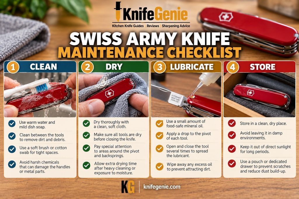 Swiss Army Knife with cleaning cloth, lubricant, and maintenance accessories