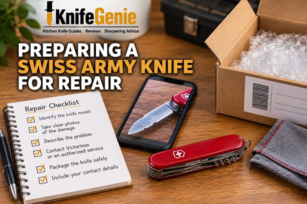 Swiss Army Knife with repair documentation and protective shipping materials