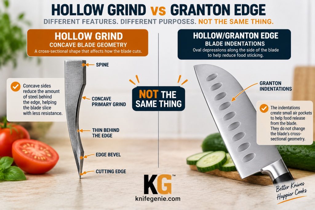 Hollow Grind vs Hollow Edge Hollow grind compared with Granton hollow edge kitchen knife
