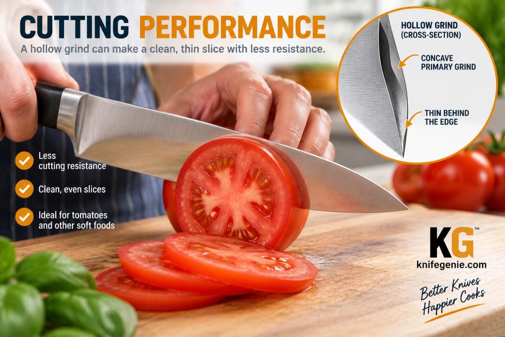 Hollow Grind Cutting Performance Hollow ground kitchen knife slicing a tomato