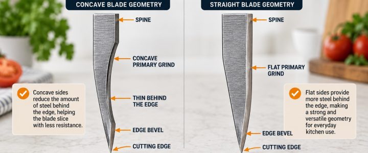 Hollow grind kitchen knife blade cross-section explained