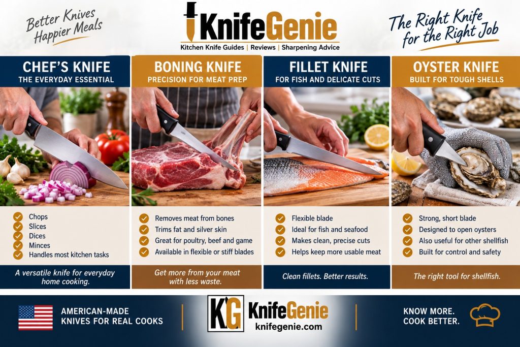 Chef knife boning knife fillet knife and oyster knife uses