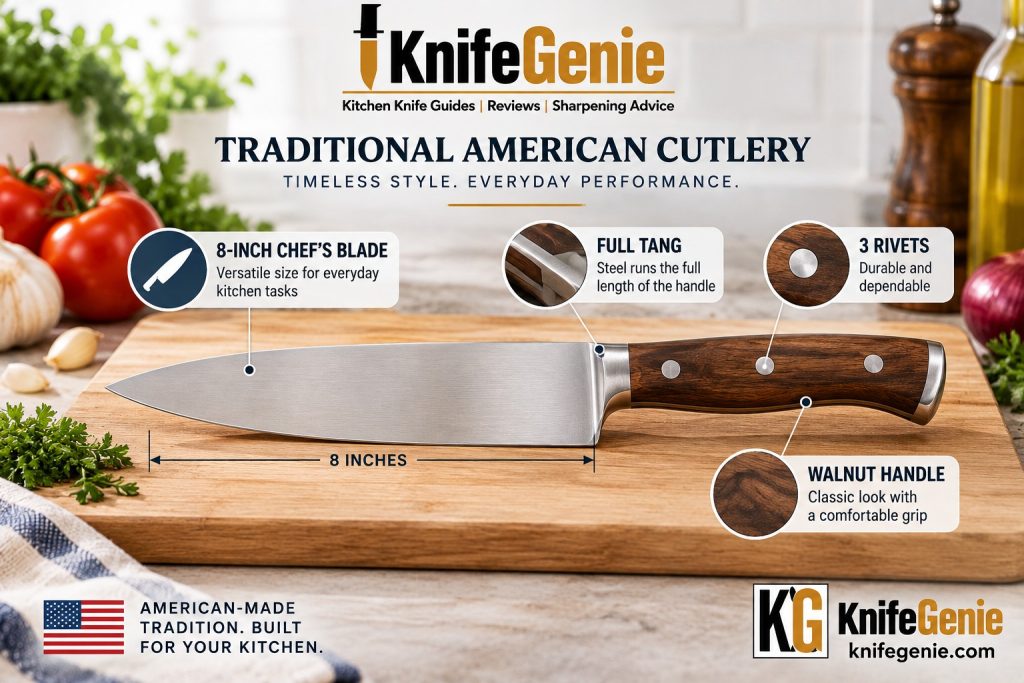 Traditional American chef knife with full tang and walnut handle