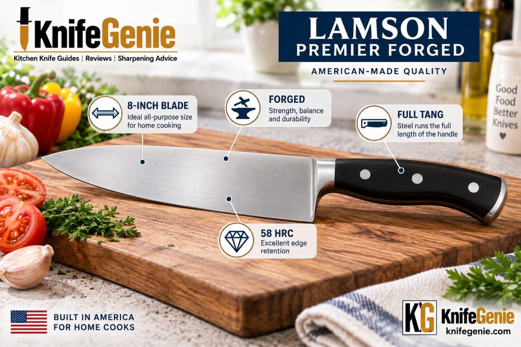 Features of an American-made forged 8-inch chef knife