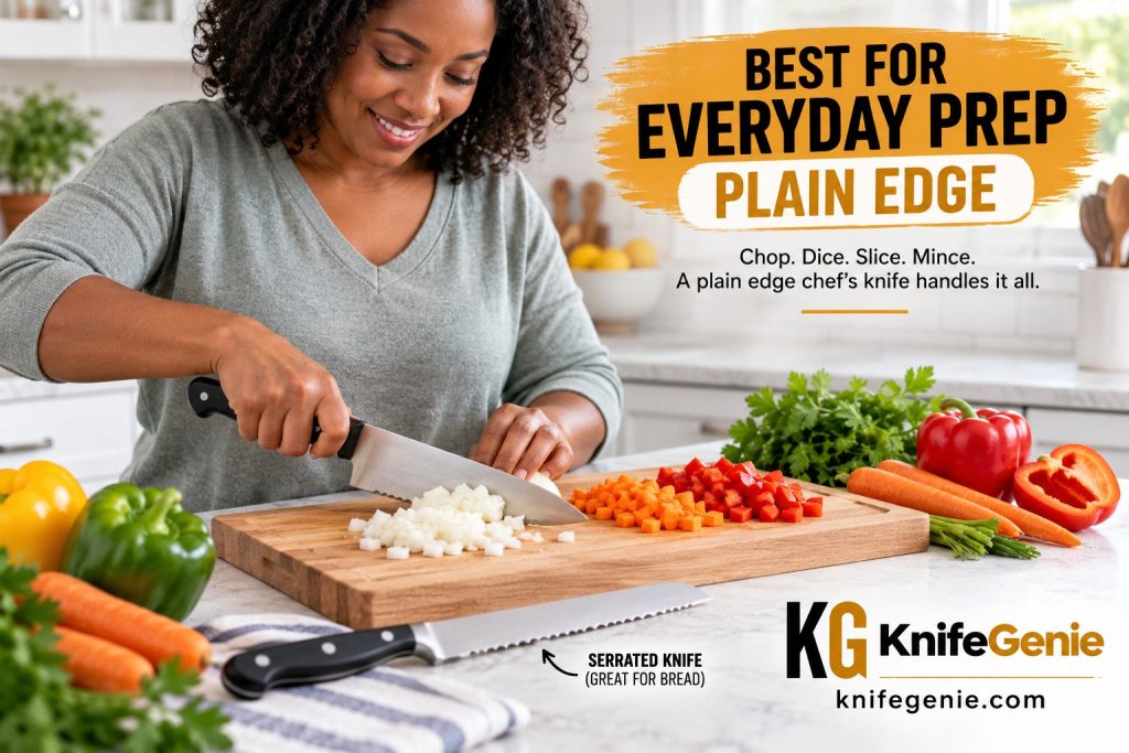 Plain edge chef knife cutting vegetables for everyday food preparation