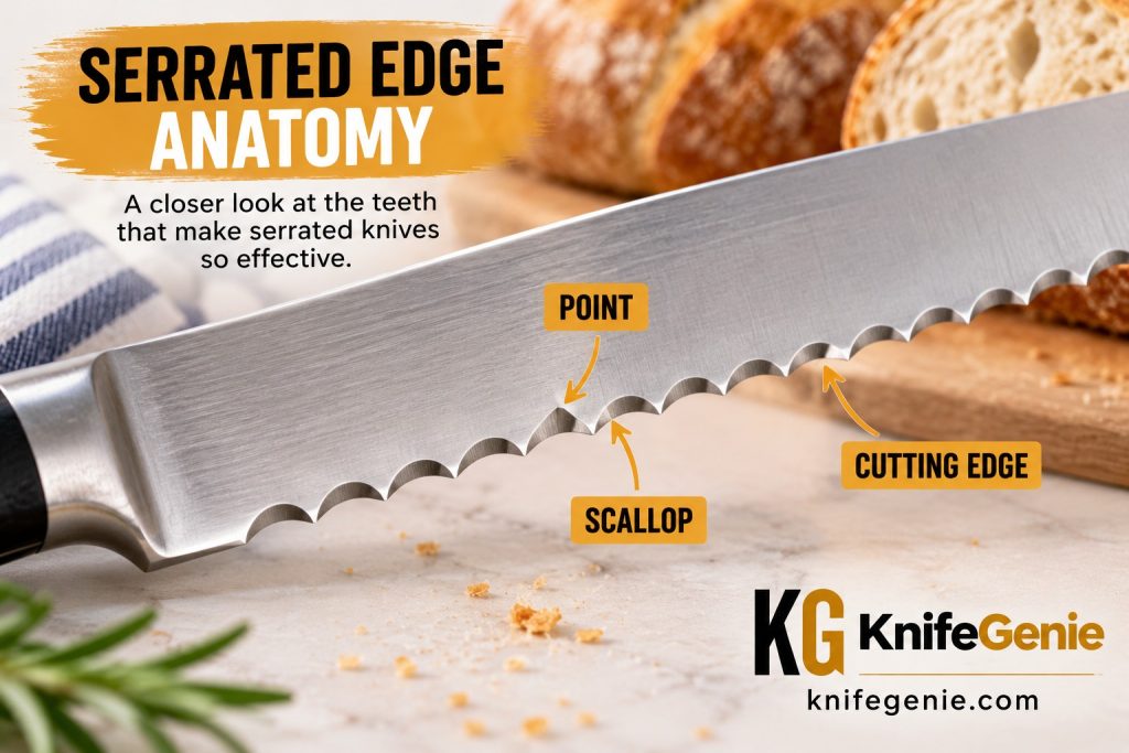 Serrated kitchen knife edge showing teeth and scallops