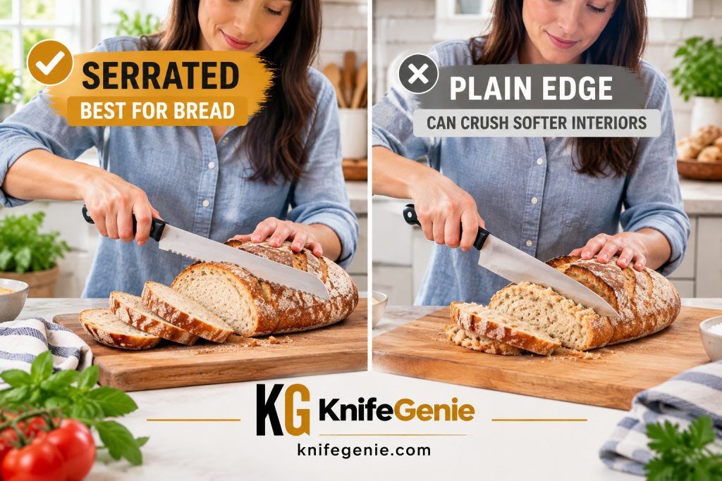 Serrated vs plain edge knife cutting crusty bread