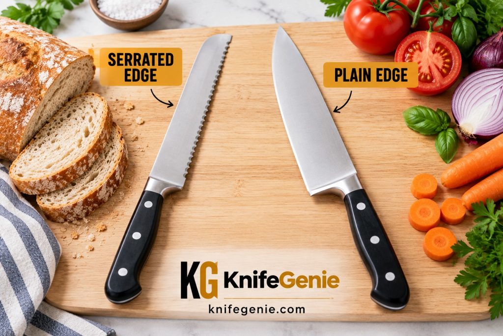 Serrated vs plain edge kitchen knives compared side by side
