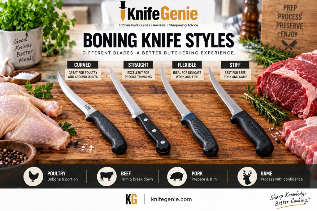 Curved, straight, flexible and stiff boning knife styles for home butchers