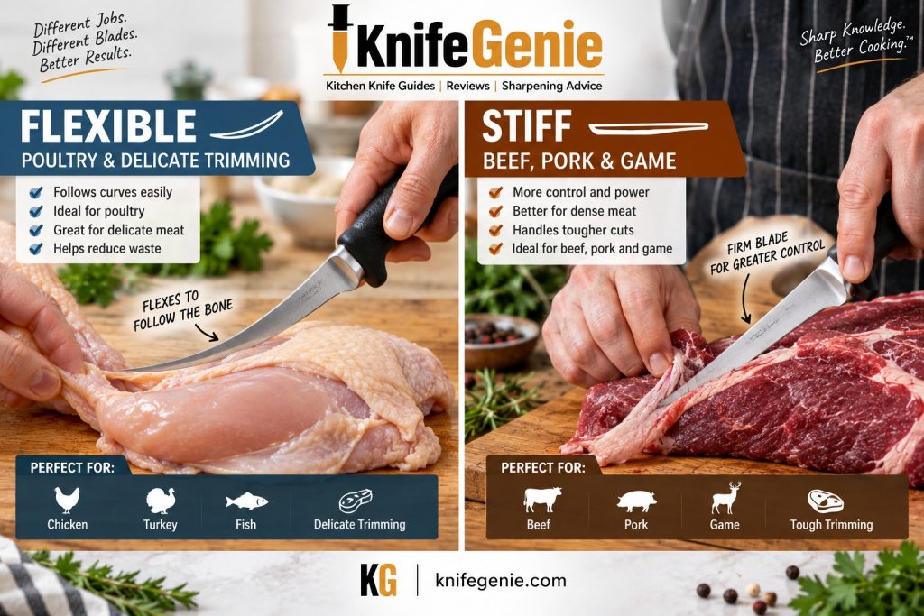 Flexible vs stiff boning knife for poultry, beef, pork and game