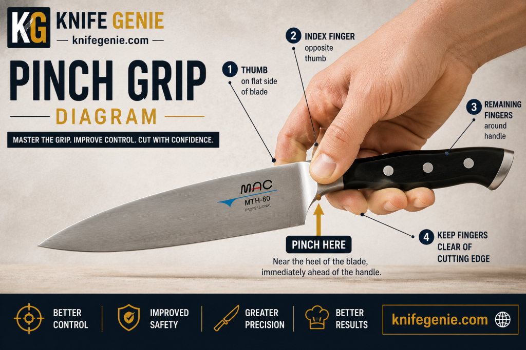 Chef Knife Pinch Grip – Proper Hand Position Chef knife pinch grip showing thumb and index finger position