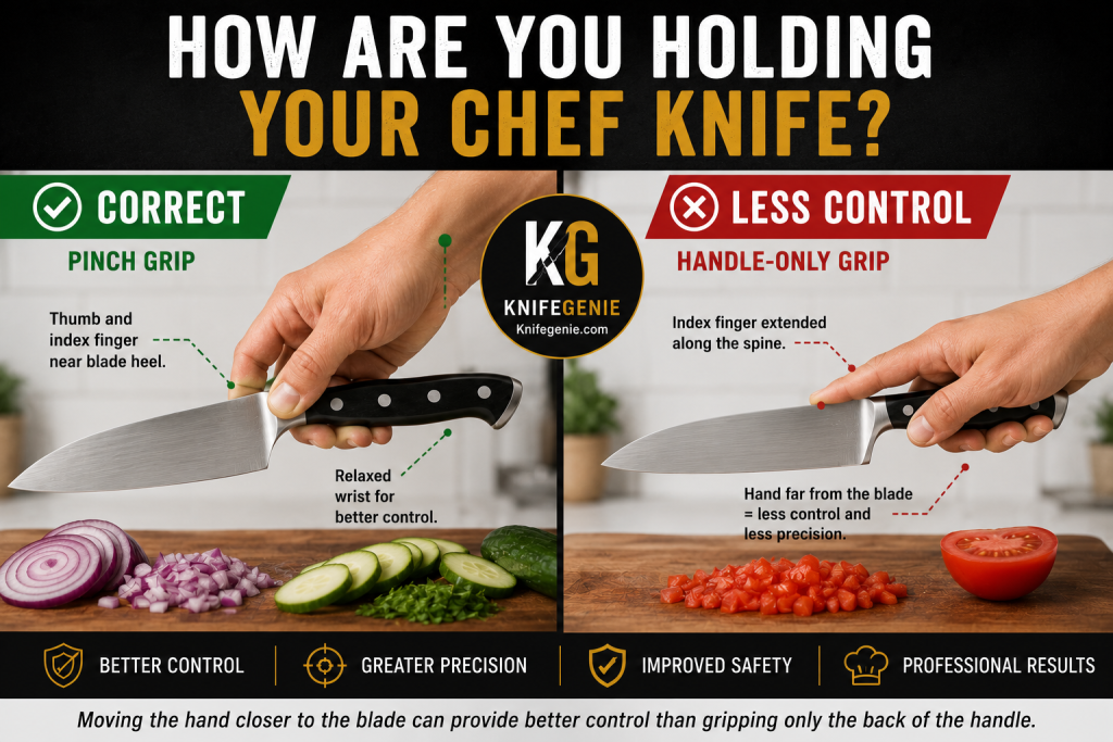 correct vs wrong chef knife grip Correct pinch grip versus incorrect chef knife grip