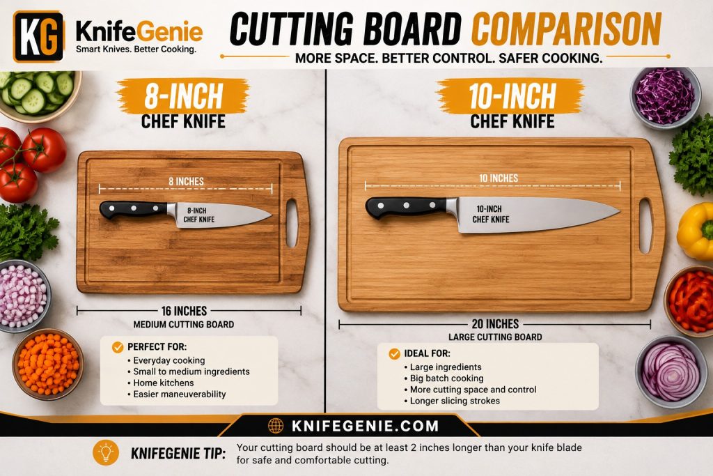 Chef Knife and Cutting Board Size Comparison Cutting board size for 8-inch and 10-inch chef knives