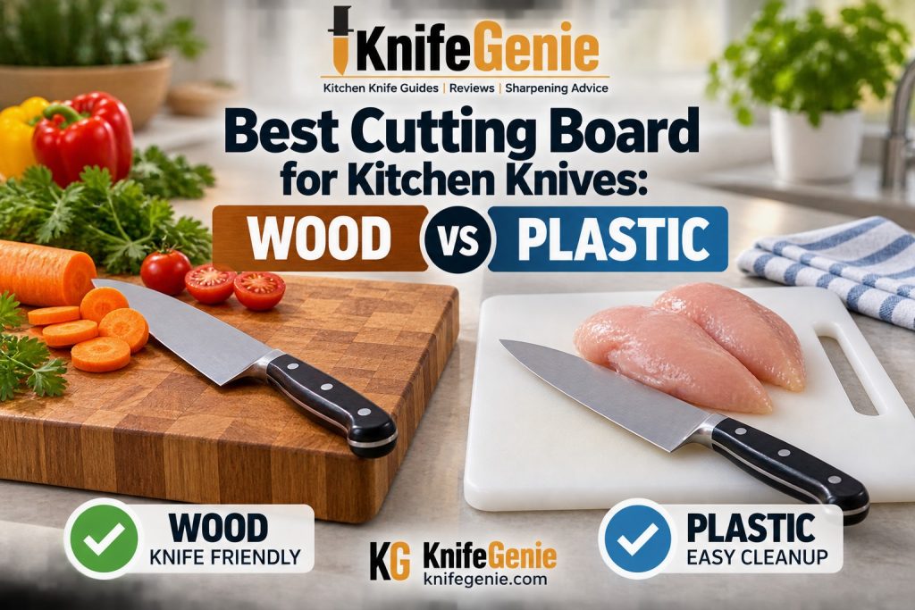 Wood vs plastic cutting boards with chef knives for kitchen food preparation