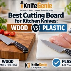 Wood vs plastic cutting boards with chef knives for kitchen food preparation
