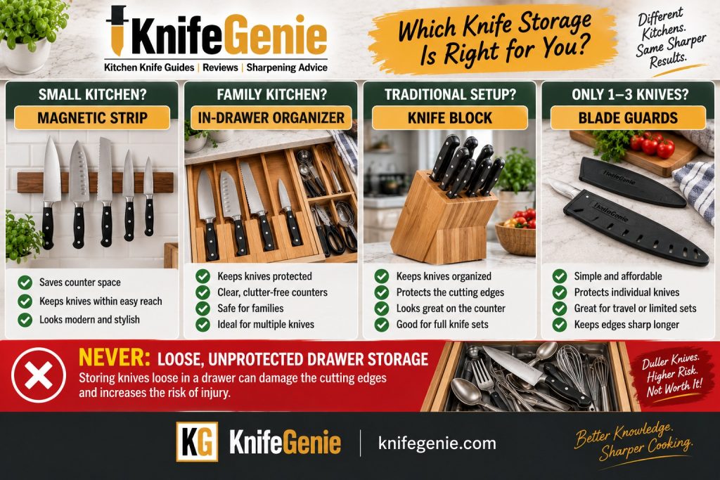 Guide comparing magnetic strips, in-drawer organizers, knife blocks and blade guards for kitchen knife storage