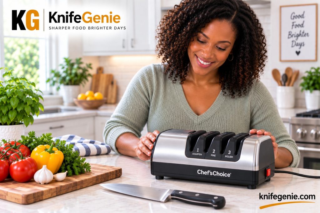 Beginner using electric knife sharpener for kitchen knife