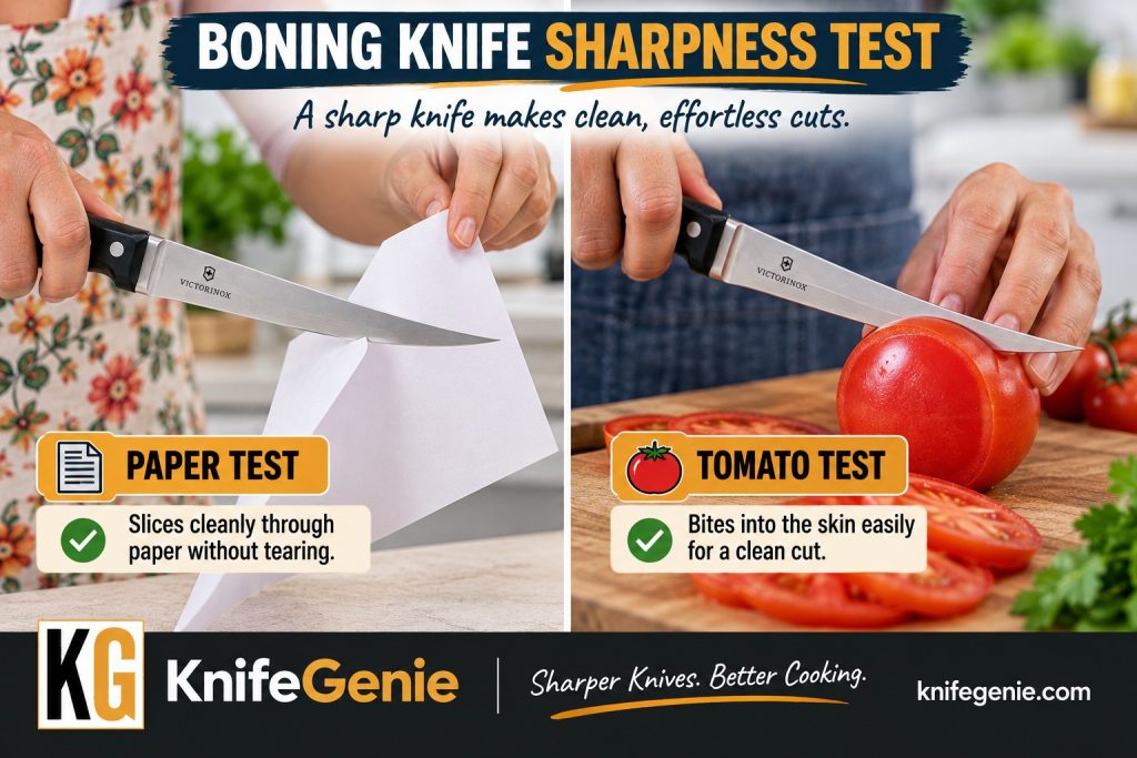 Boning Knife Sharpness Test Boning knife sharpness test using paper and tomato