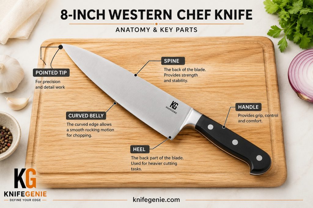 Chef knife blade shape showing curved cutting edge