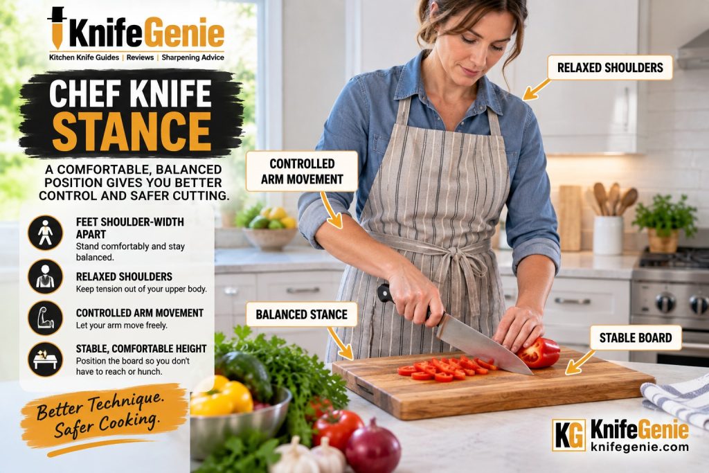 Balanced beginner stance for controlled chef knife cutting