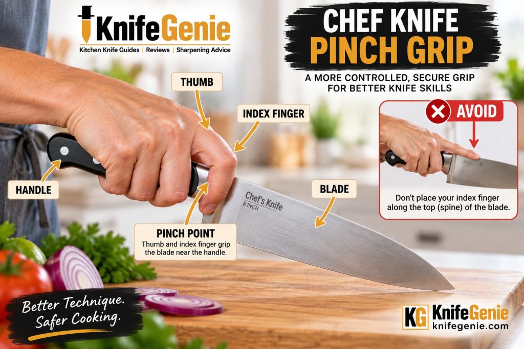 Correct pinch grip for holding a chef knife safely and securely