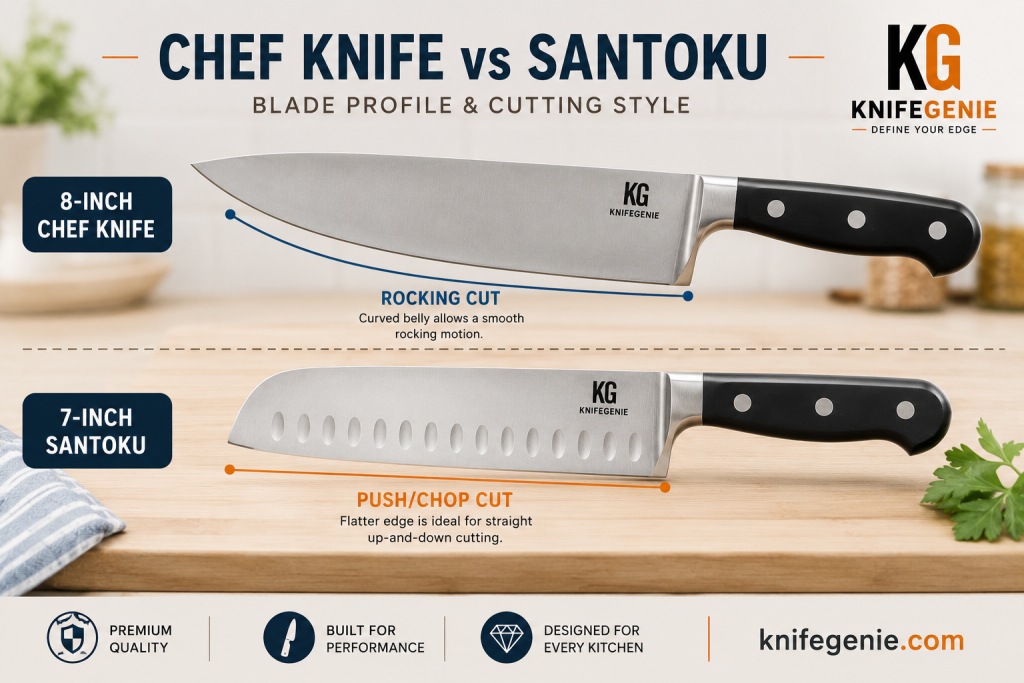 Chef knife vs Santoku blade shape comparison