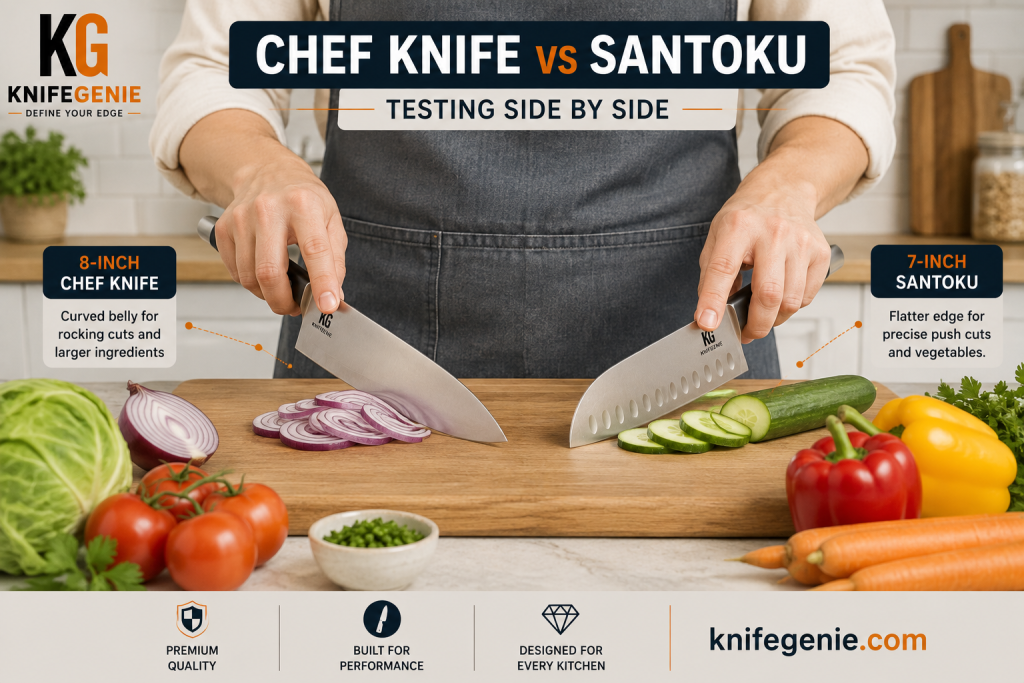 Home cook comparing chef knife and Santoku handling
