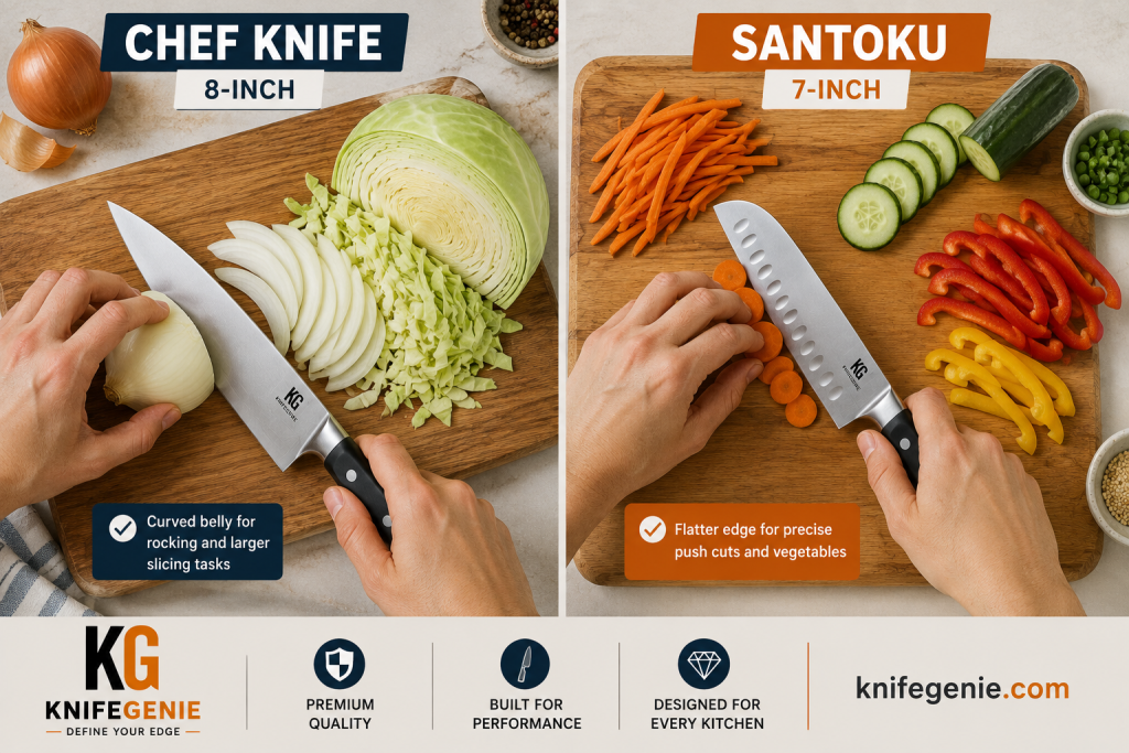 Chef knife vs Santoku cutting vegetables
