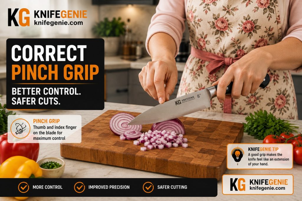 Home cook testing correct chef knife size using pinch grip