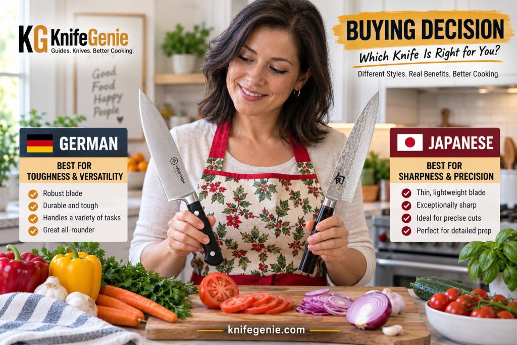 Choosing a German or Japanese Kitchen Knife Home cook choosing between German and Japanese kitchen knives