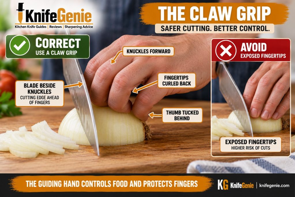Correct claw grip for safely cutting an onion with a chef knife