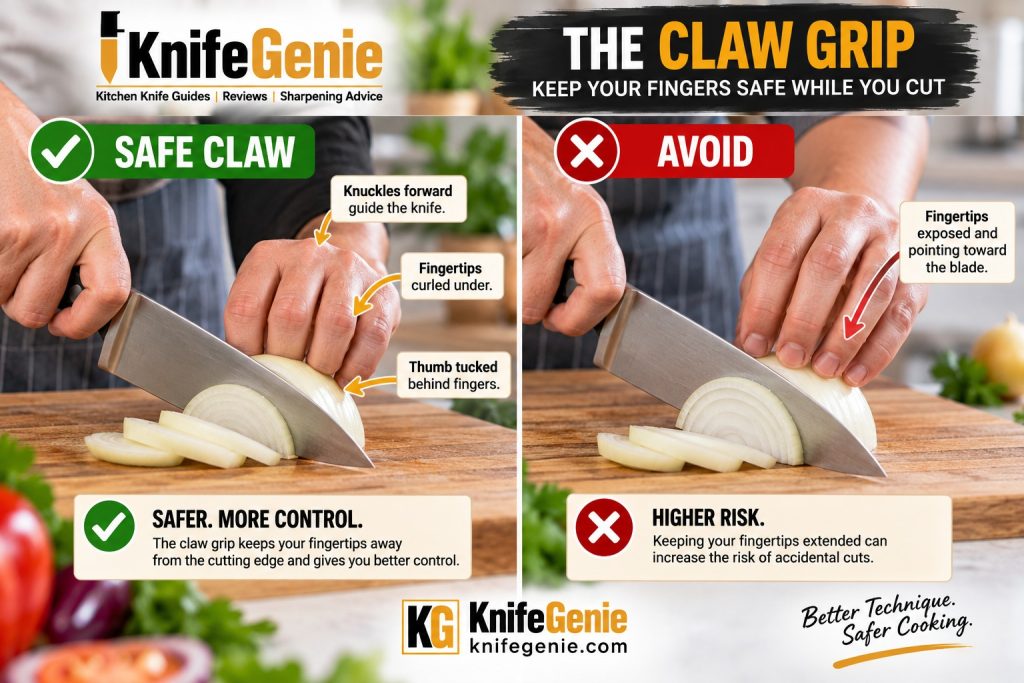 Correct claw hand compared with exposed fingertips when cutting with a chef knife