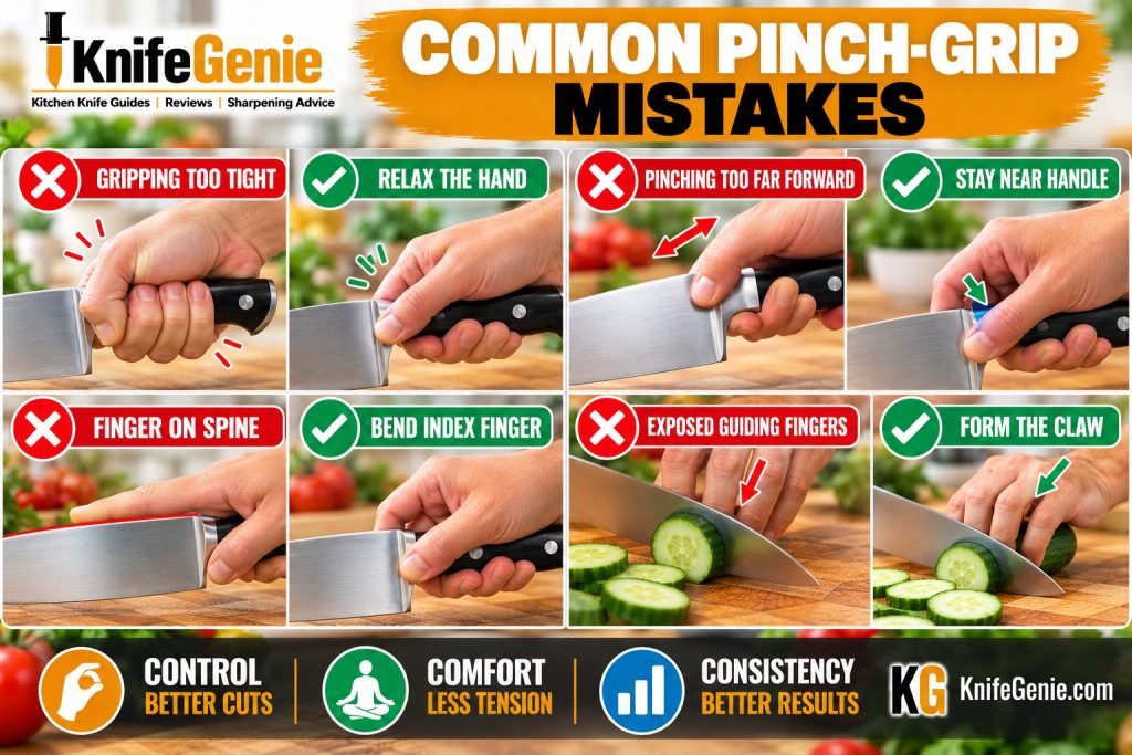 Common chef knife pinch grip mistakes and corrections