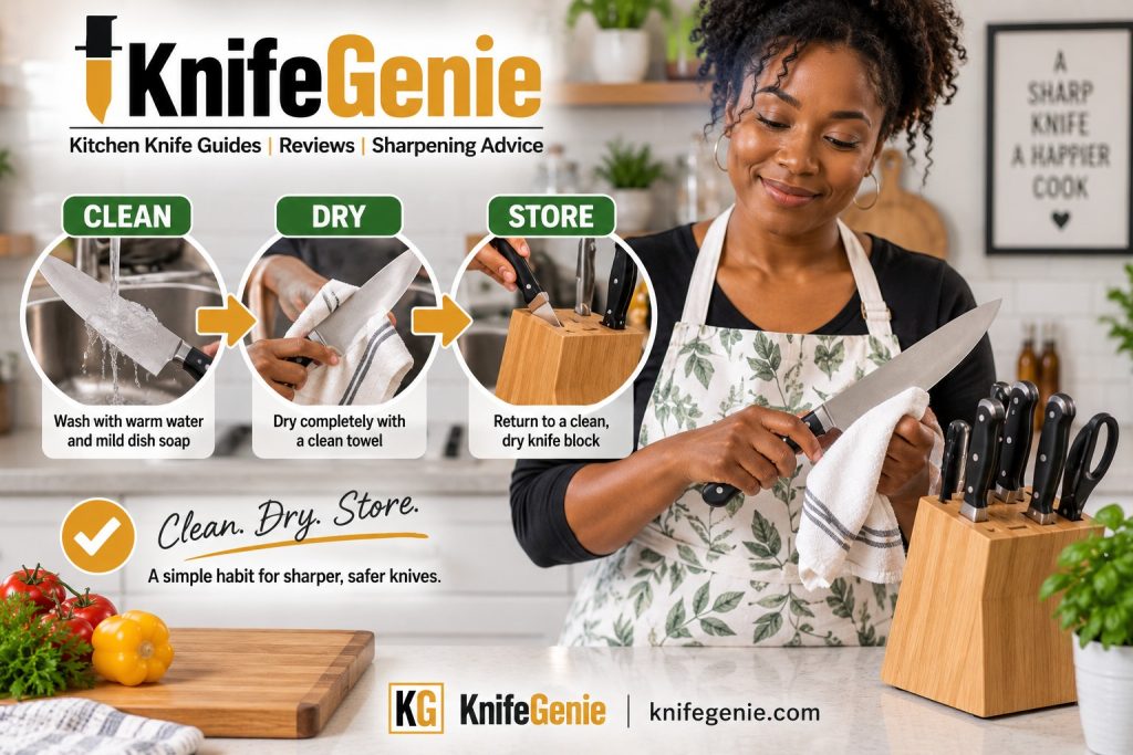 Home cook drying a chef knife before safely placing it in a wooden knife block