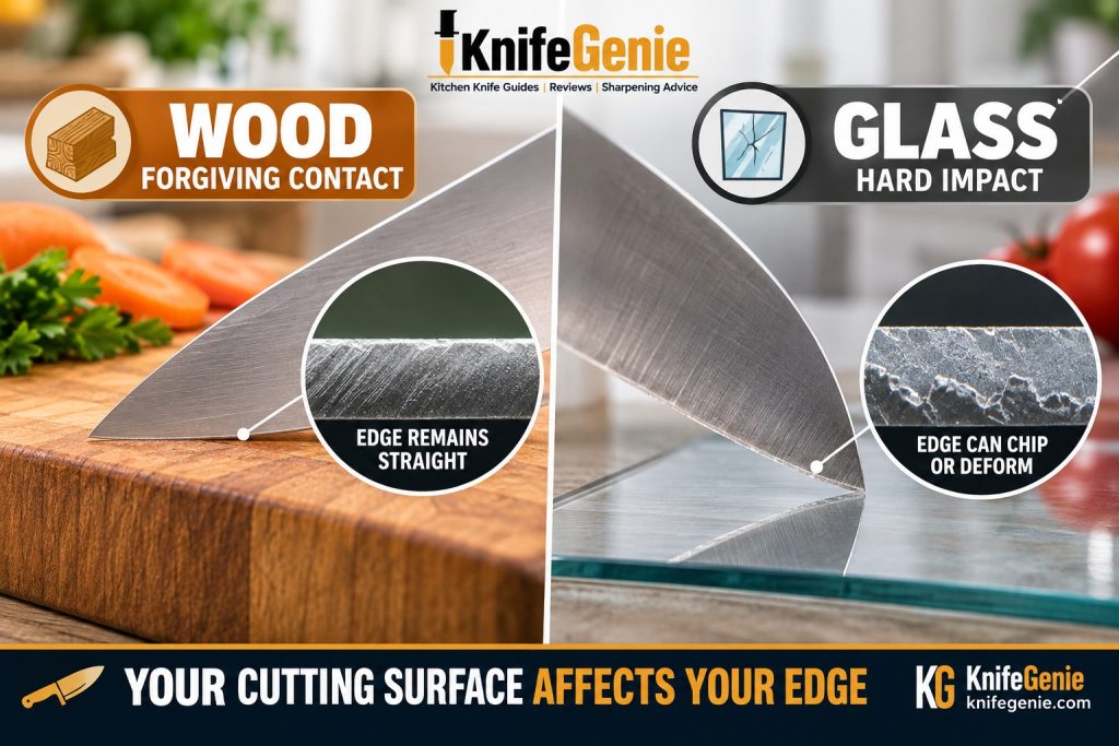 How cutting board material affects a kitchen knife edge