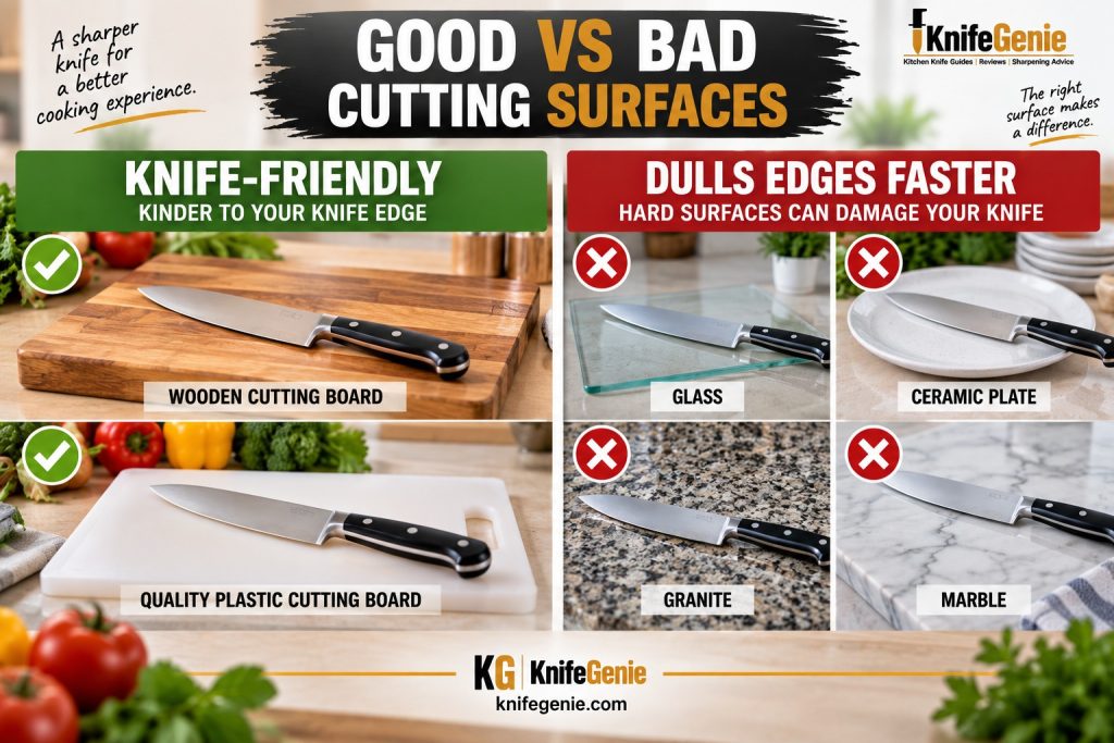 Knife-friendly wood and plastic cutting boards compared with glass and stone