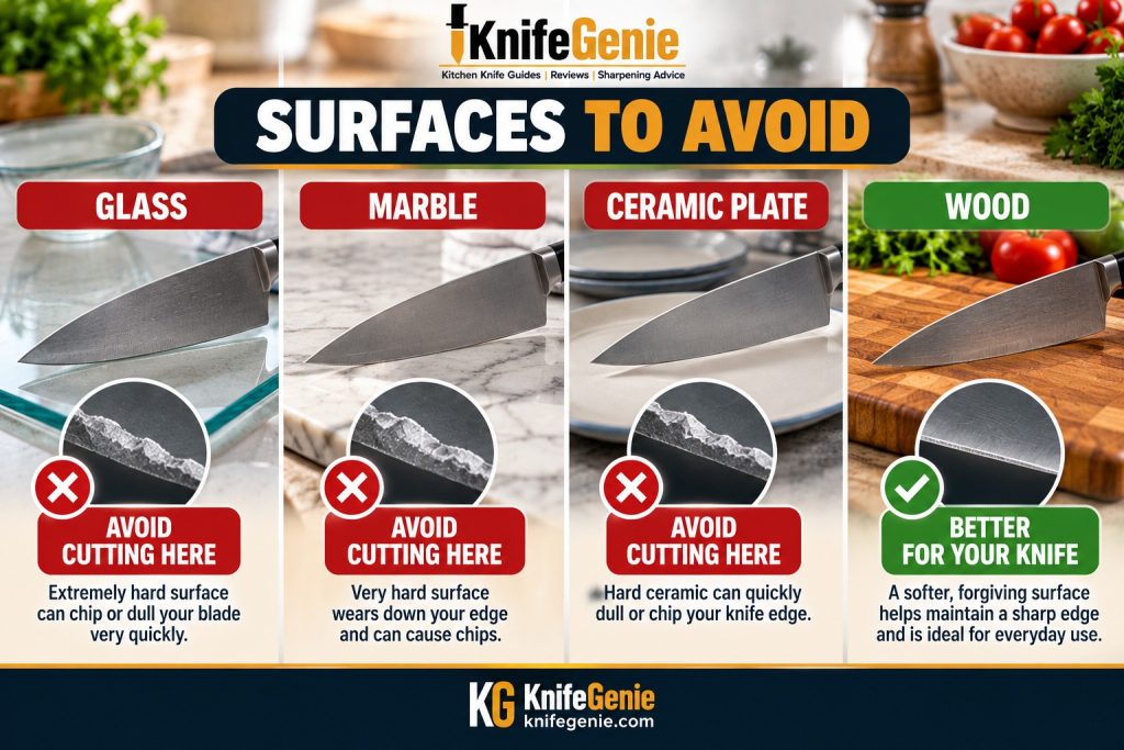 Glass marble and ceramic cutting surfaces compared with wood