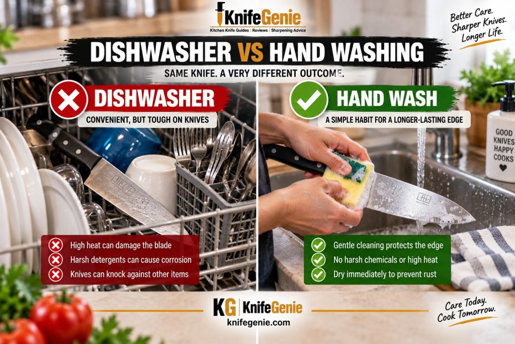 Kitchen knife in dishwasher compared with hand washing