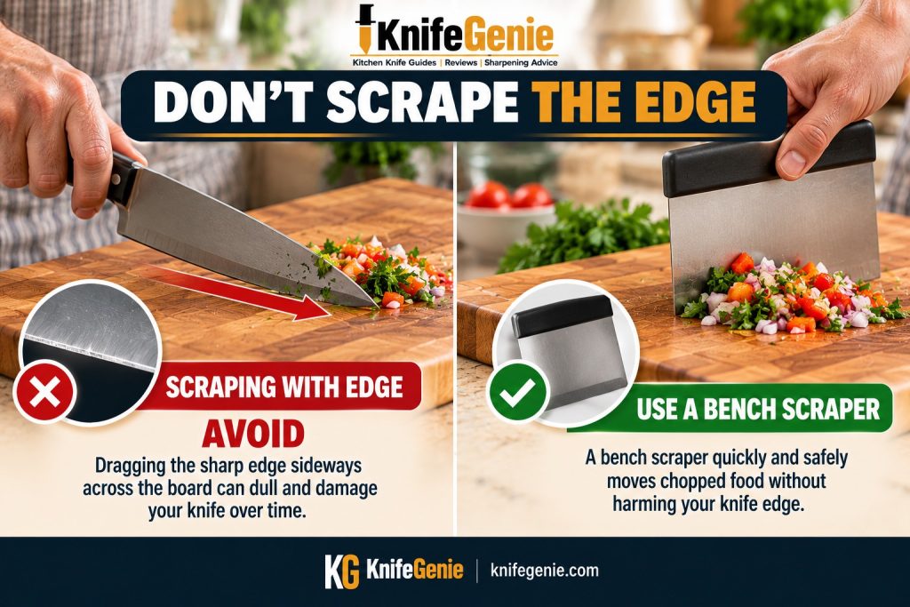 Avoid scraping a kitchen knife edge across a cutting board