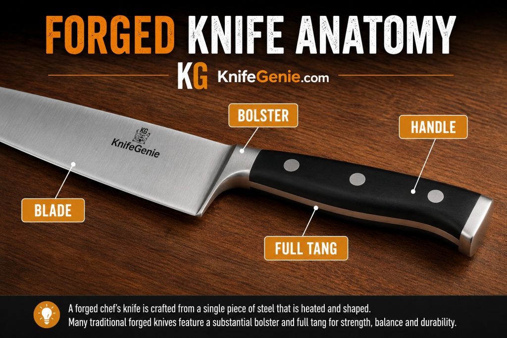 Forged Chef Knife Anatomy Forged chef knife showing blade bolster full tang and handle