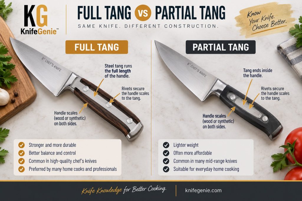Full tang vs partial tang chef knives showing different handle construction