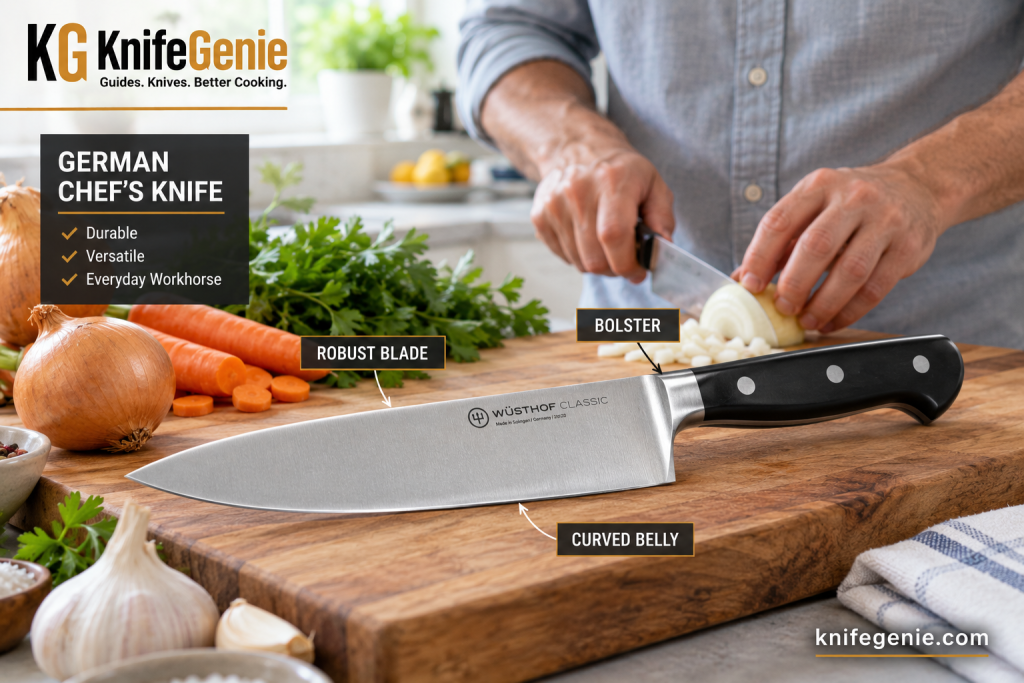 German Chef Knife Features German chef knife showing curved blade bolster and robust construction
