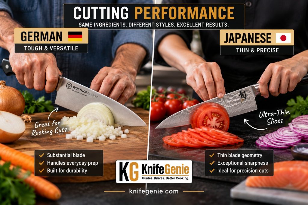 German vs Japanese Knife Cutting Test German and Japanese kitchen knives compared for cutting performance