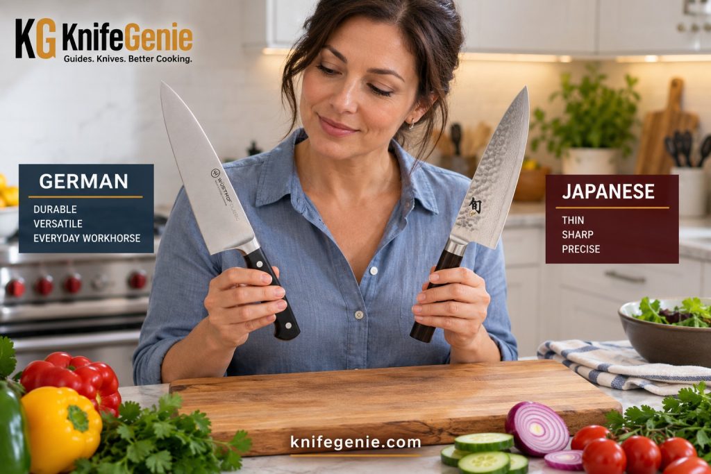 German vs Japanese Kitchen Knives Compared Female home cook comparing German and Japanese kitchen knives