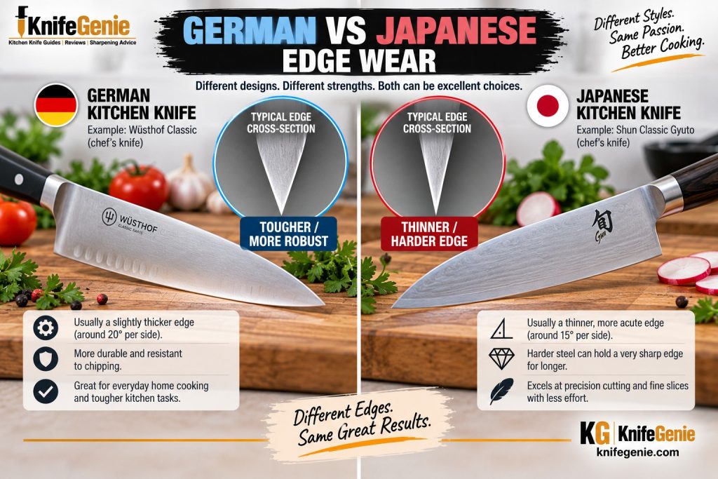 German and Japanese kitchen knife edge geometry comparison